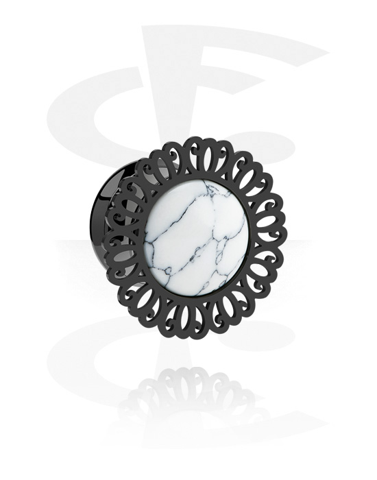 Tunnels & Plugs, Double flared tunnel (surgical steel, black, shiny finish) with marble design, Surgical Steel 316L