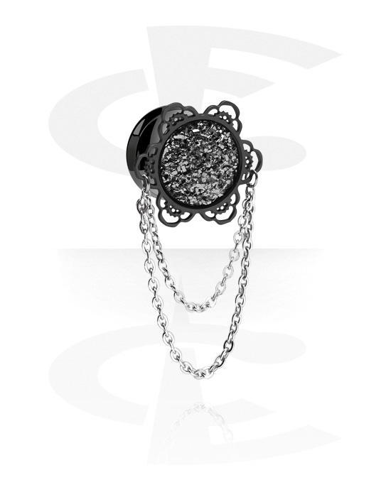 Tunnels & Plugs, Double flared tunnel (surgical steel, black, shiny finish) with flower design and chain, Surgical Steel 316L