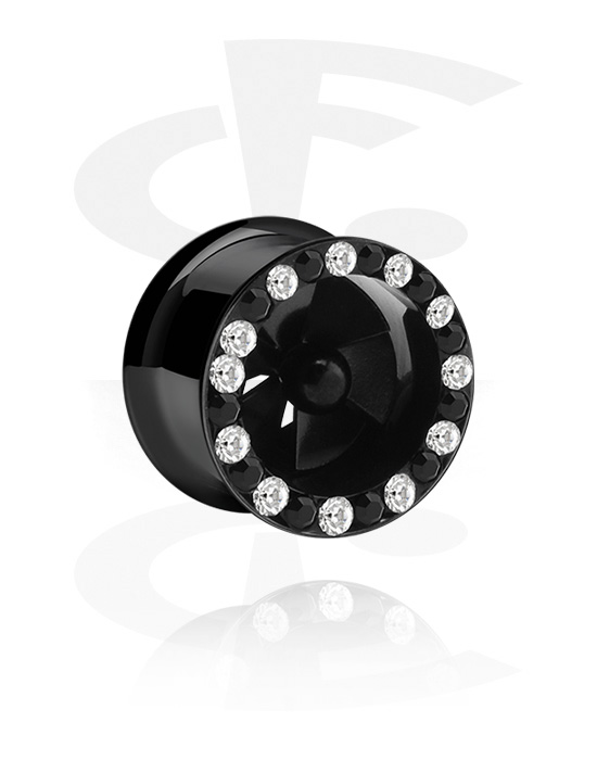 Tunnels & Plugs, Double flared tunnel (surgical steel, black, shiny finish) with crystal stones, Surgical Steel 316L
