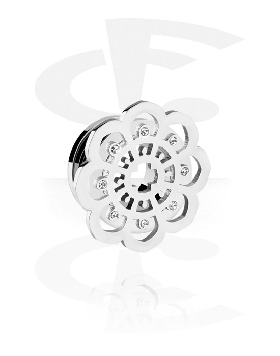 Tunnels & Plugs, Screw-on tunnel (surgical steel, silver, shiny finish) with flower attachment and crystal stones, Surgical Steel 316L
