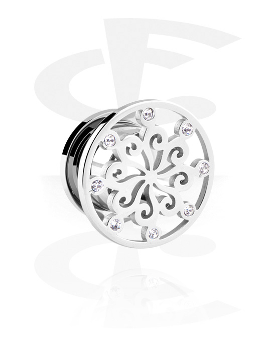 Tunnels & Plugs, Screw-on tunnel (surgical steel, silver, shiny finish) with flower design and crystal stones, Surgical Steel 316L