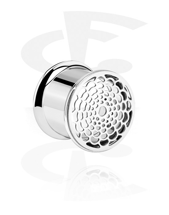 Tunnels & Plugs, Double flared tunnel (surgical steel, silver, shiny finish) with spiderweb attachment, Surgical Steel 316L