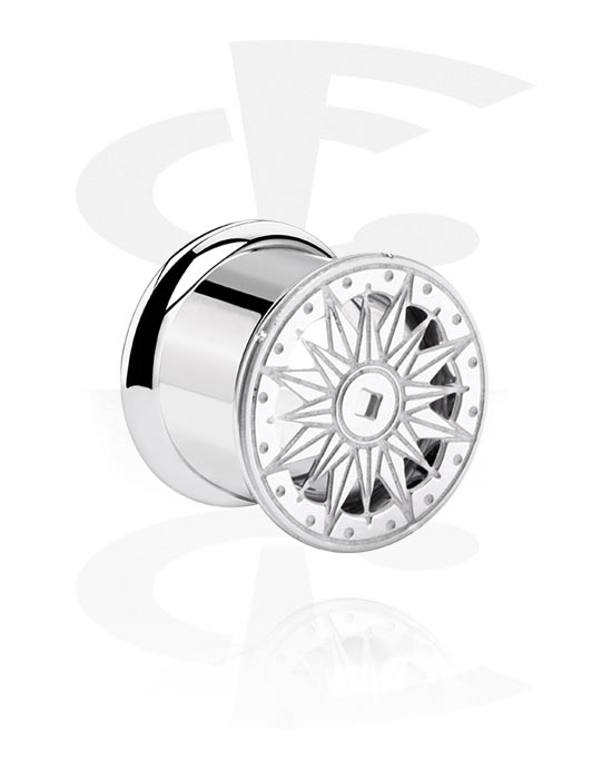 Tunnels & Plugs, Double flared tunnel (surgical steel, silver, shiny finish) with sun design, Surgical Steel 316L