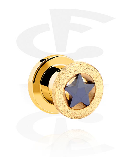 Tunnels & Plugs, Screw-on tunnel (surgical steel, gold, shiny finish) with star design, Gold Plated Surgical Steel 316L