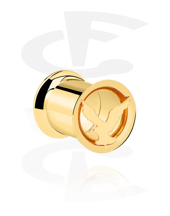 Tunnels & Plugs, Double flared tunnel (surgical steel, gold, shiny finish) with bird design, Gold Plated Surgical Steel 316L