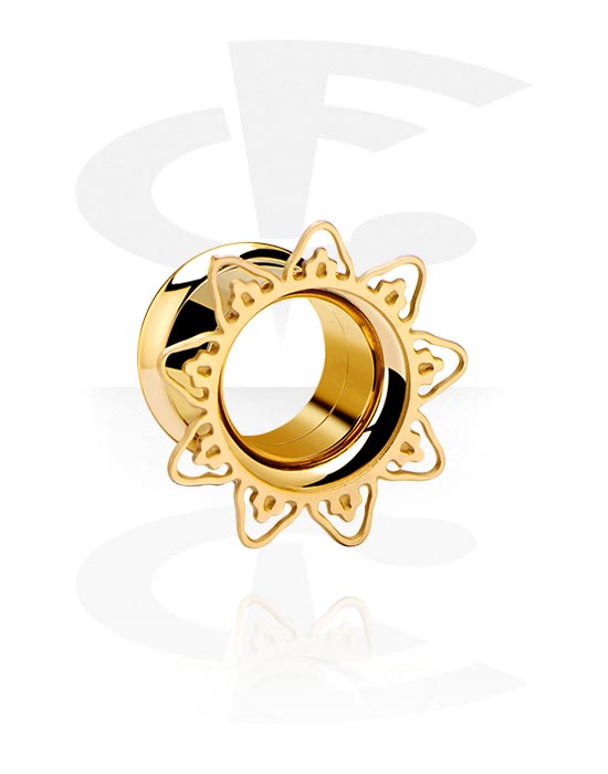 Tunnels & Plugs, Double flared tunnel (surgical steel, gold, shiny finish) with flower design, Gold Plated Surgical Steel 316L