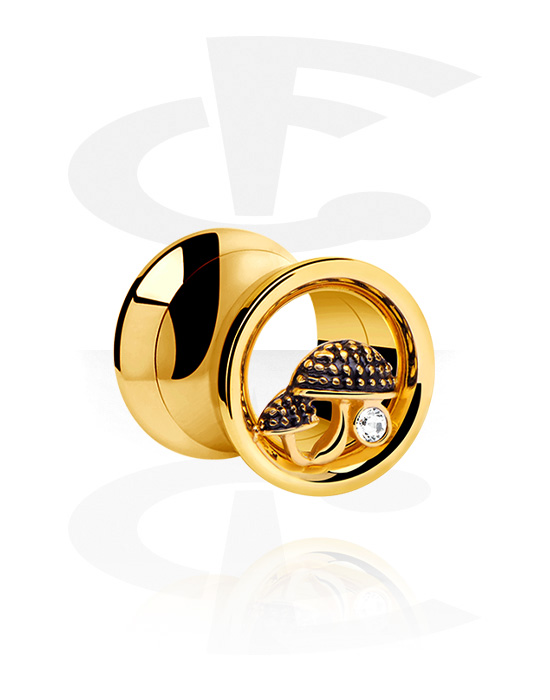 Tunnels & Plugs, Double flared tunnel (surgical steel, gold, shiny finish) with mushroom design and crystal stone, Gold Plated Surgical Steel 316L