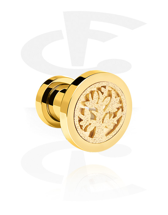 Tunnels & Plugs, Screw-on tunnel (surgical steel, gold, shiny finish) with tree design, Gold Plated Surgical Steel 316L