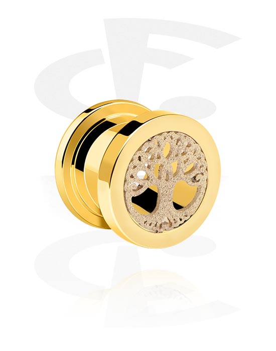 Tunnels & Plugs, Screw-on tunnel (surgical steel, gold, shiny finish) with tree design, Gold Plated Surgical Steel 316L