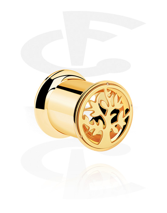 Tunnels & Plugs, Double flared tunnel (surgical steel, gold, shiny finish) with tree design, Gold Plated Surgical Steel 316L