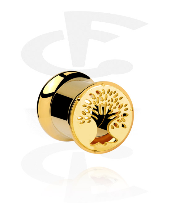 Tunnels & Plugs, Double flared tunnel (surgical steel, gold, shiny finish) with tree design, Gold Plated Surgical Steel 316L