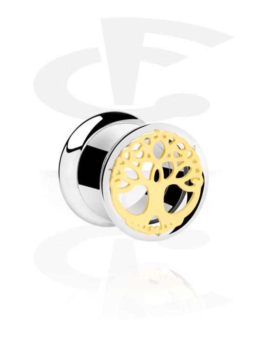 Tunnels & Plugs, Double flared tunnel (surgical steel, silver, shiny finish) with tree design, Gold Plated Surgical Steel 316L