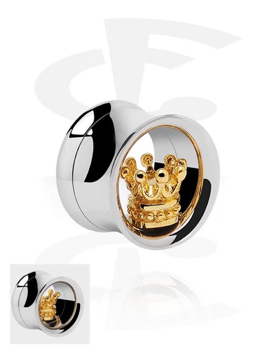 Tunnels & Plugs, Double flared tunnel (surgical steel, silver, shiny finish) with crown design, Gold Plated Surgical Steel 316L