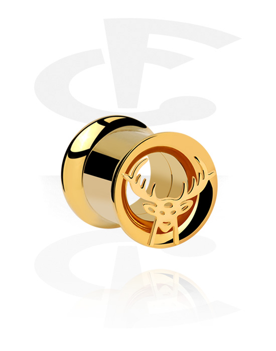 Tunnels & Plugs, Double flared tunnel (surgical steel, gold, shiny finish) with deer design, Gold Plated Surgical Steel 316L