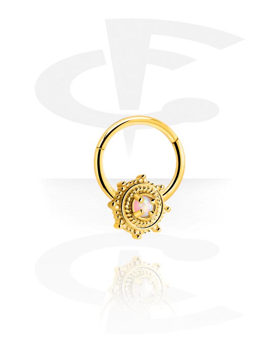 Piercing Rings, Piercing clicker (surgical steel, gold, shiny finish) with Flower and crystal stone, Gold Plated Surgical Steel 316L