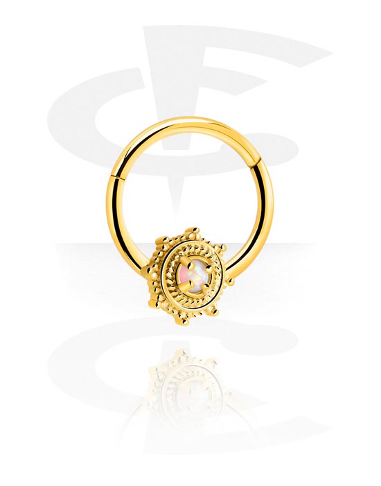 Piercingové kroužky, Piercingový clicker (chirurgická ocel, zlatá, lesklý povrch) s Květinou a krystalovým kamínkem, Pozlacená chirurgická ocel 316L