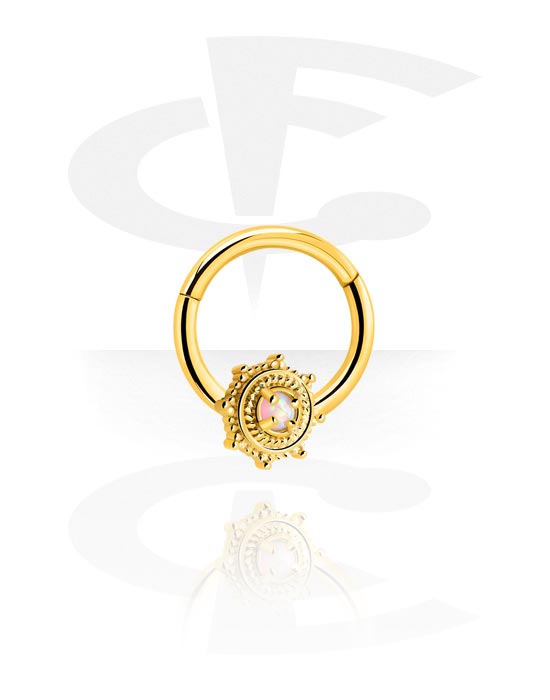 Anéis piercing, Multi-purpose clicker (aço cirúrgico, ouro, acabamento brilhante) com flor e pedra de cristal, Aço cirúrgico 316L banhado a ouro