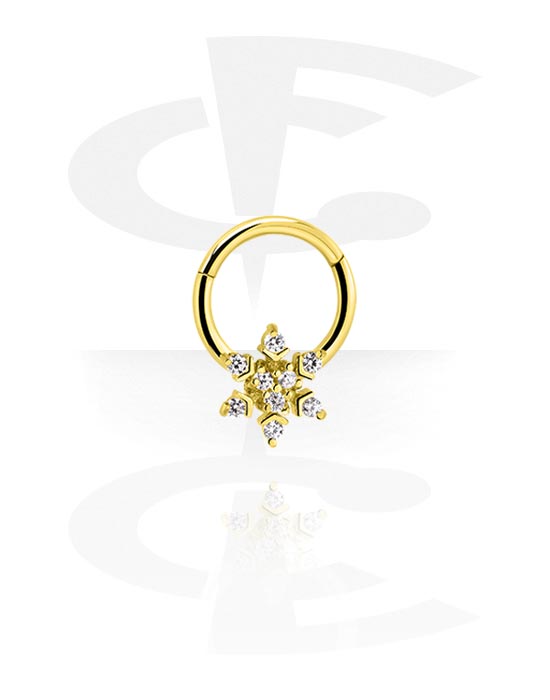 Piercing Rings, Piercing clicker (surgical steel, gold, shiny finish) with snowflake and crystal stones, Gold Plated Surgical Steel 316L