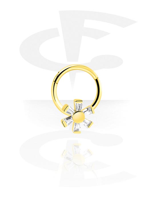 Piercing ad anello, Multi-purpose clicker (acciaio chirurgico, oro, finitura lucida) con fiore e cristallini, Acciaio chirurgico 316L con placcatura in oro