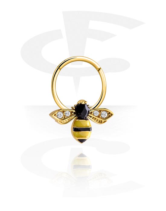 Anéis piercing, Multi-purpose clicker (aço cirúrgico, ouro, acabamento brilhante) com design abelha e pedras de cristal, Aço cirúrgico 316L banhado a ouro
