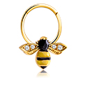 Piercingové kroužky, Piercingový clicker (chirurgická ocel, zlatá, lesklý povrch) s designem včela a krystalovými kamínky, Pozlacená chirurgická ocel 316L