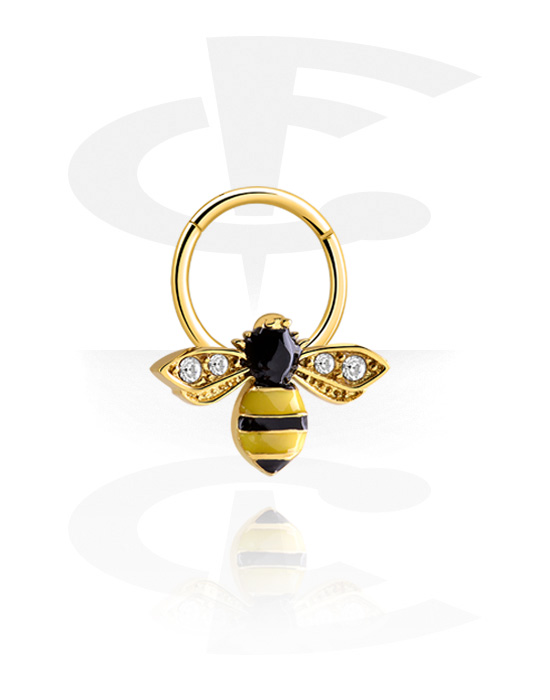 Anneaux, Piercing clicker (acier chirurgical, or, finition brillante) avec motif abeille et pierres en cristal, Acier chirugical 316L ,  Plaqué or