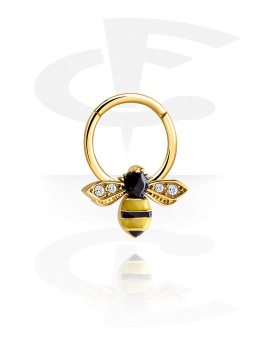 Kółka do piercingu, Clicker (stal chirurgiczna, złoto, błyszczące wykończenie) z wzorem pszczoły i kryształami, Pozłacana stal chirurgiczna 316L