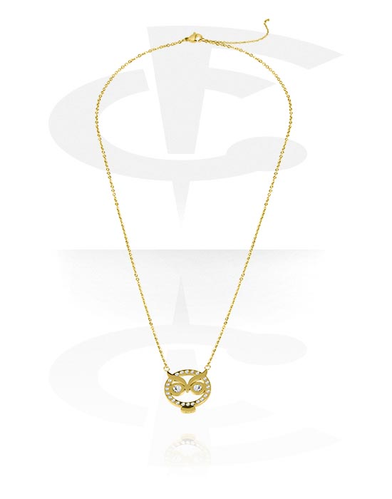 Halsketten, Modische Halskette mit Eulen-Anhänger und Kristallsteinchen, Vergoldeter Chirurgenstahl 316L