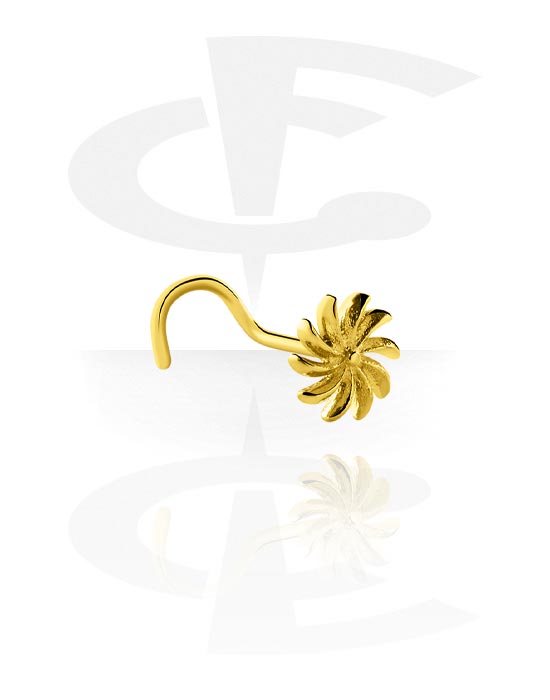 Nosovky a kroužky do nosu, Zahnutá nosovka (chirurgická ocel, zlatá, lesklý povrch) s koncovkou květina, Pozlacená chirurgická ocel 316L