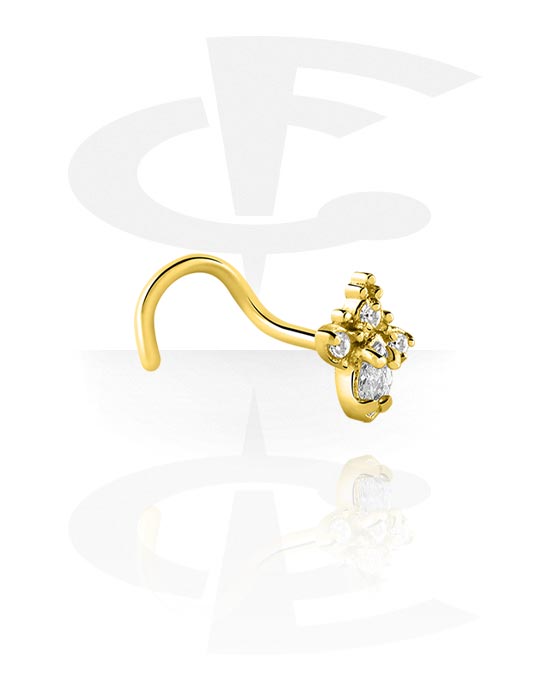 Nose Jewelry & Septums, Curved nose stud (surgical steel, gold, shiny finish) with crystal stone, Gold Plated Surgical Steel 316L