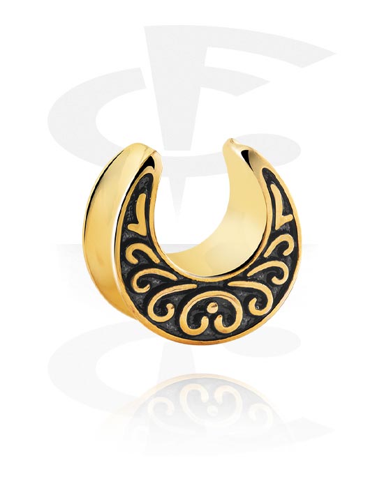 Tunnels & Plugs, Half tunnel (steel, gold, shiny finish) with ornament, Gold Plated Surgical Steel 316L
