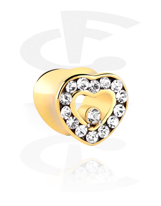 Tunnels & Plugs, Heart-shaped double flared tunnel (surgical steel, gold, shiny finish) with crystal stones, Surgical Steel 316L