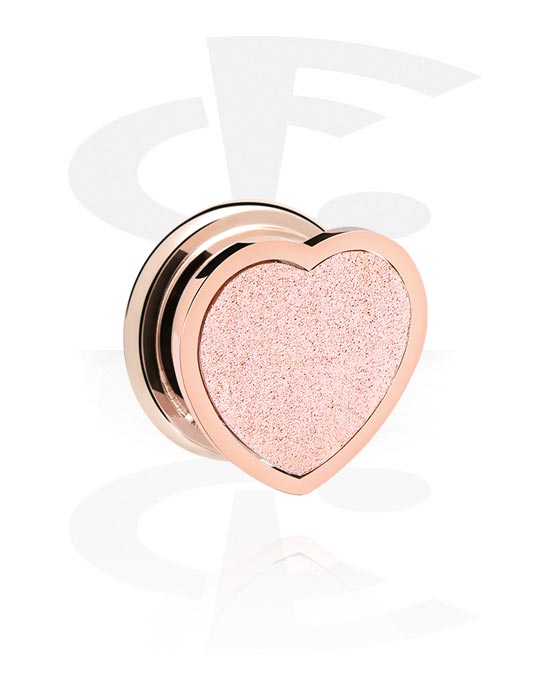 Tunnels & Plugs, Screw-on tunnel (surgical steel, rose gold, shiny finish) with heart attachment and diamond look, Rose Gold Plated Surgical Steel 316L