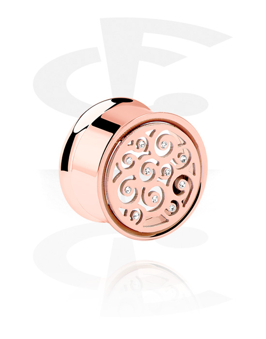 Tunnels & Plugs, Double flared tunnel (surgical steel, rose gold, shiny finish) with crystal stones, Rose Gold Plated Surgical Steel 316L