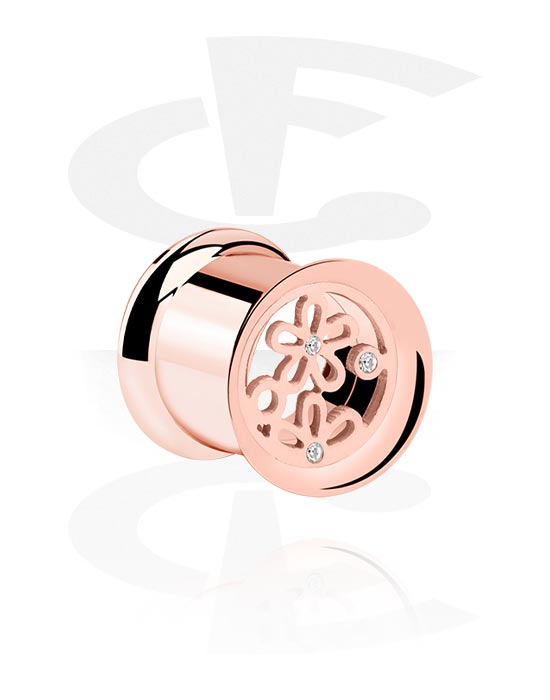 Tunnels & Plugs, Double flared tunnel (surgical steel, rose gold, shiny finish) with flower design and crystal stones, Rose Gold Plated Surgical Steel 316L