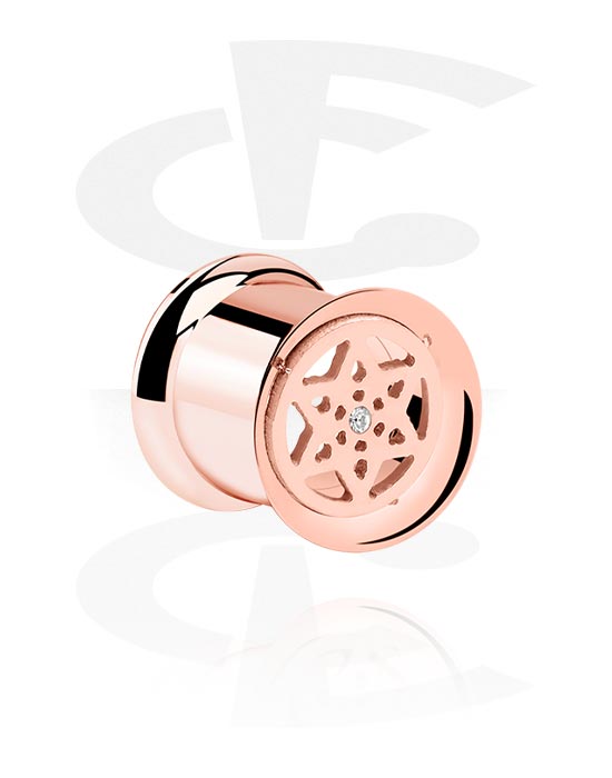 Tunnels & Plugs, Double flared tunnel (surgical steel, rose gold, shiny finish) with star design and crystal stone, Rose Gold Plated Surgical Steel 316L