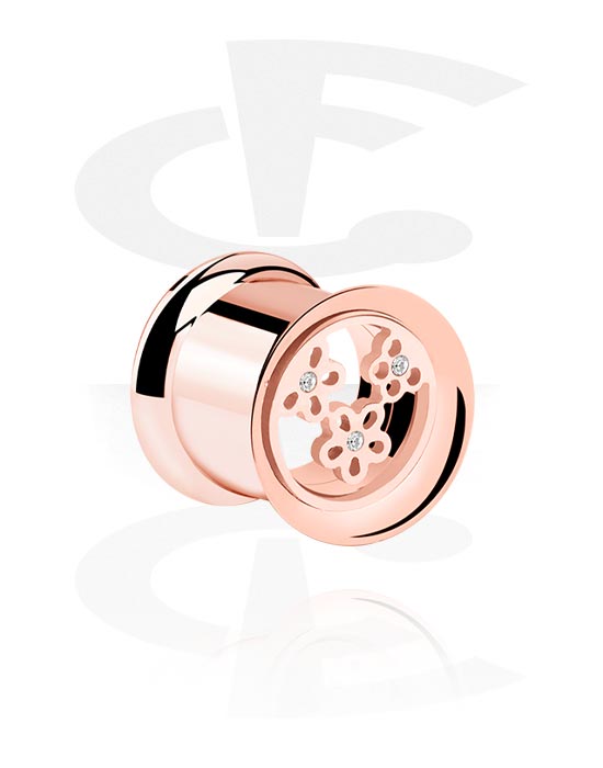 Tunnels & Plugs, Double flared tunnel (surgical steel, rose gold, shiny finish) with flower design and crystal stones, Rose Gold Plated Surgical Steel 316L