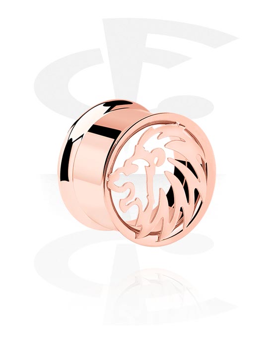 Tunnels & Plugs, Double flared tunnel (surgical steel, rose gold, shiny finish) with lion design, Rose Gold Plated Surgical Steel 316L