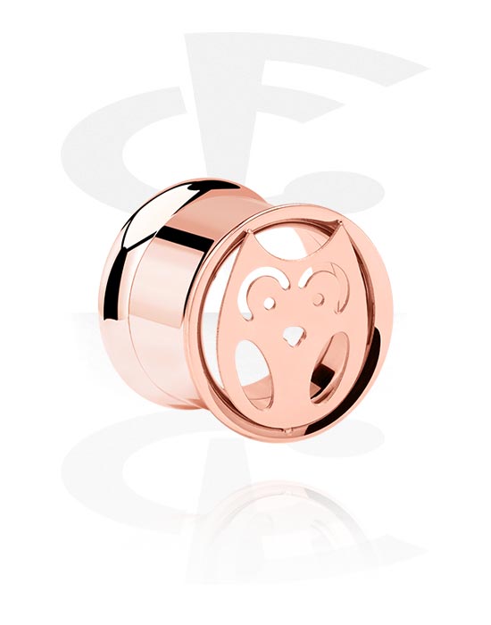 Tunnels & Plugs, Double flared tunnel (surgical steel, rose gold, shiny finish) with owl design, Rose Gold Plated Surgical Steel 316L