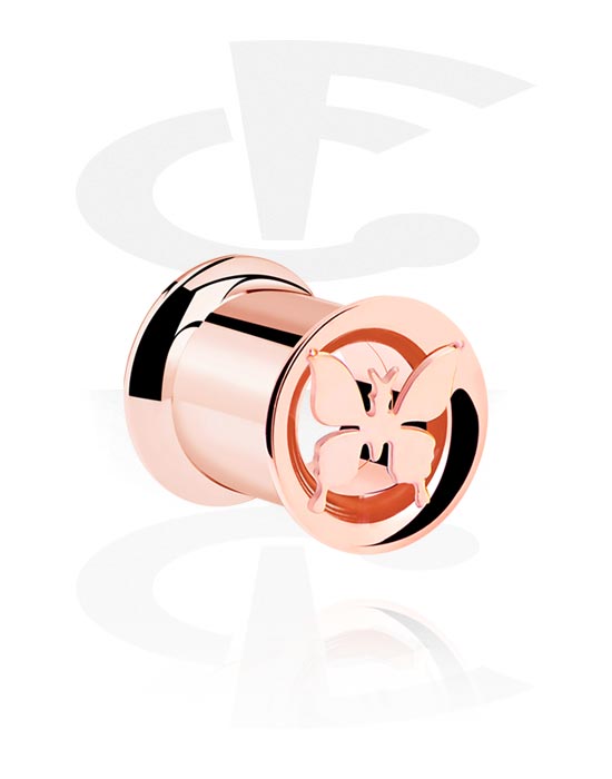 Tunnels & Plugs, Tunnel double flared (acier chirurgical, or rosé) avec motif papillon, Acier chirurgical 316L ,  Plaqué or rose