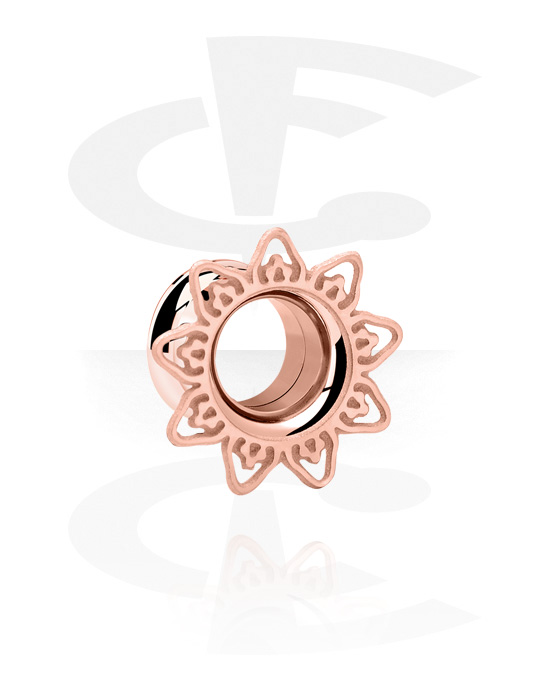 Tunnels & Plugs, Double flared tunnel (surgical steel, rose gold, shiny finish) with flower design, Rose Gold Plated Surgical Steel 316L