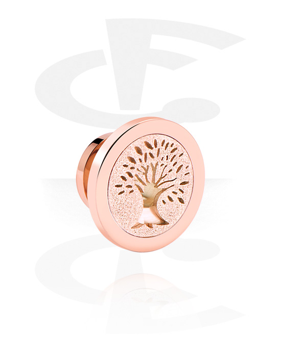Tunnels & Plugs, Screw-on tunnel (surgical steel, rose gold, shiny finish) with tree design, Rose Gold Plated Surgical Steel 316L