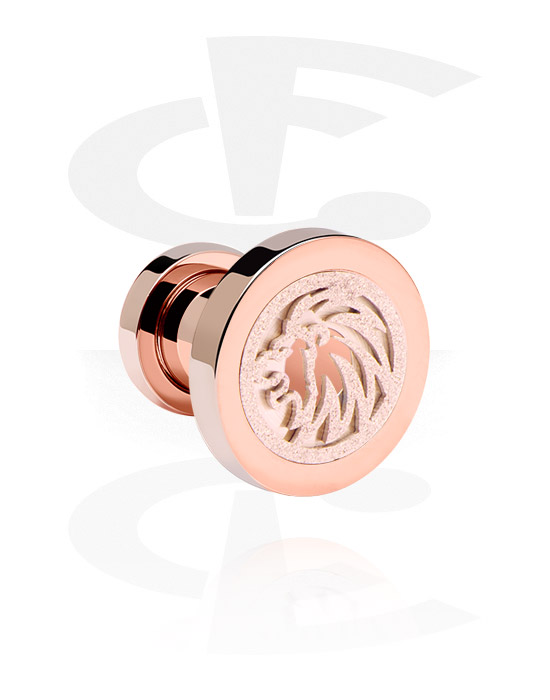 Tunnels & Plugs, Screw-on tunnel (surgical steel, rose gold, shiny finish) with lion design, Rose Gold Plated Surgical Steel 316L