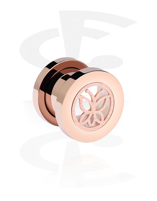 Tunnels & Plugs, Screw-on tunnel (surgical steel, rose gold, shiny finish) with butterfly design, Rose Gold Plated Surgical Steel 316L