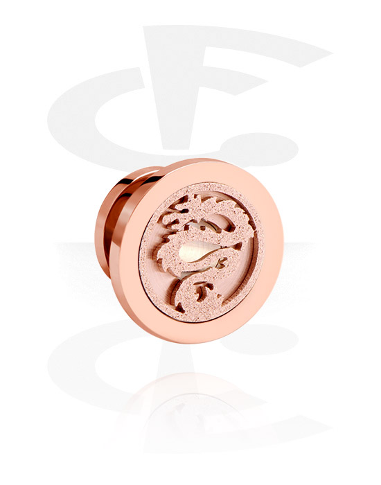 Tunnels & Plugs, Screw-on tunnel (surgical steel, rose gold, shiny finish) with dragon design, Rose Gold Plated Surgical Steel 316L