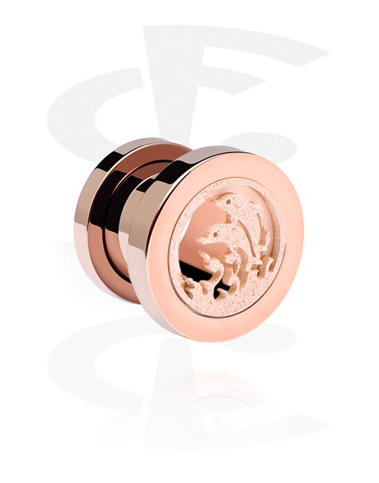 Tunnels & Plugs, Screw-on tunnel (surgical steel, rose gold, shiny finish) with dolphin design, Rose Gold Plated Surgical Steel 316L