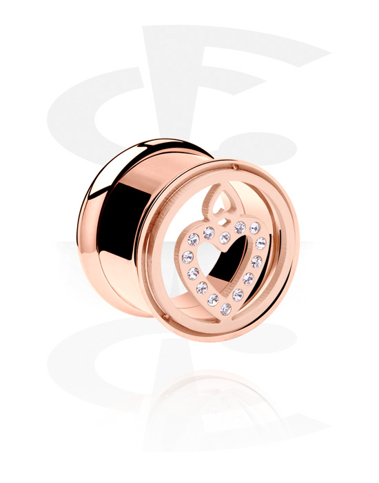 Tunnels & Plugs, Screw-on tunnel (surgical steel, rose gold, shiny finish) with heart design and crystal stones, Rose Gold Plated Surgical Steel 316L
