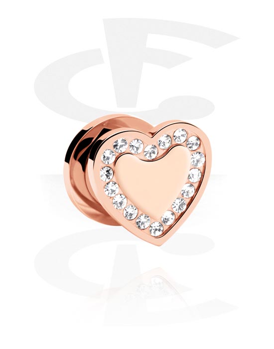 Tunnels & Plugs, Screw-on tunnel (surgical steel, rose gold, shiny finish) with heart attachment and crystal stones, Rose Gold Plated Surgical Steel 316L