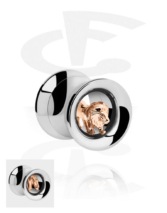 Tunnels & Plugs, Double flared tunnel (surgical steel, silver, shiny finish) with lion design, Surgical Steel 316L