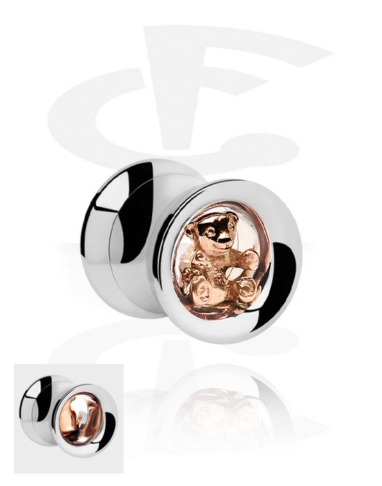 Tunnels & Plugs, Double flared tunnel (surgical steel, silver, shiny finish) with cute teddy bear design, Surgical Steel 316L